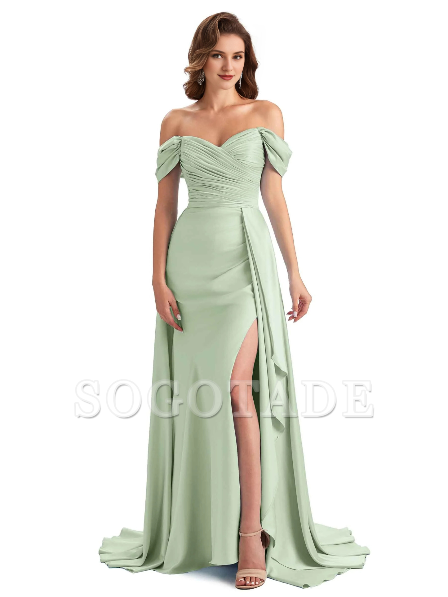 Sexy side slit mermaid soft satin off shoulder long unique bridesmaid dress