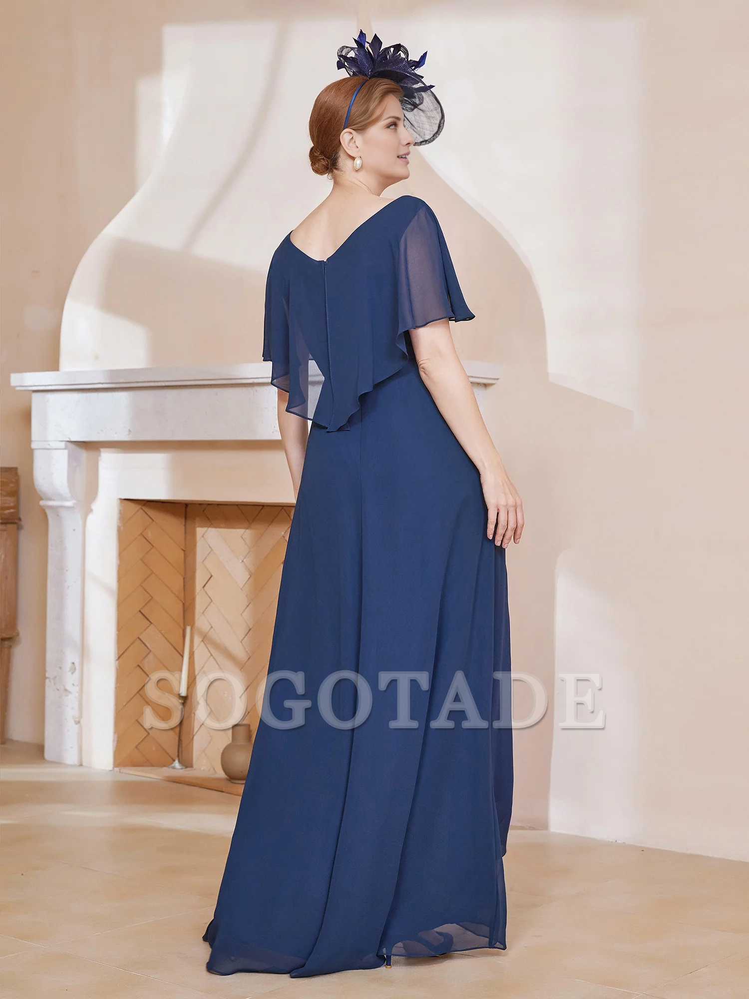 V-neck ruffle sleeves asymmetrical mother of the bride dress