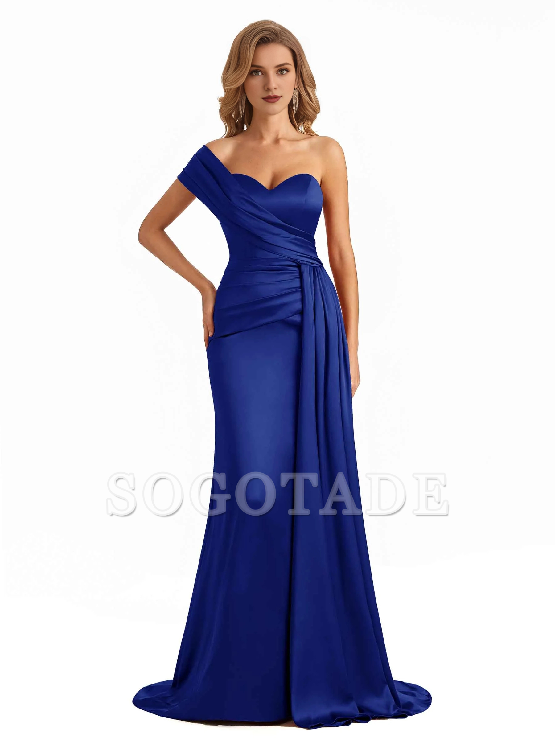 Elegant one shoulder soft satin long fish tail bridesmaid dress