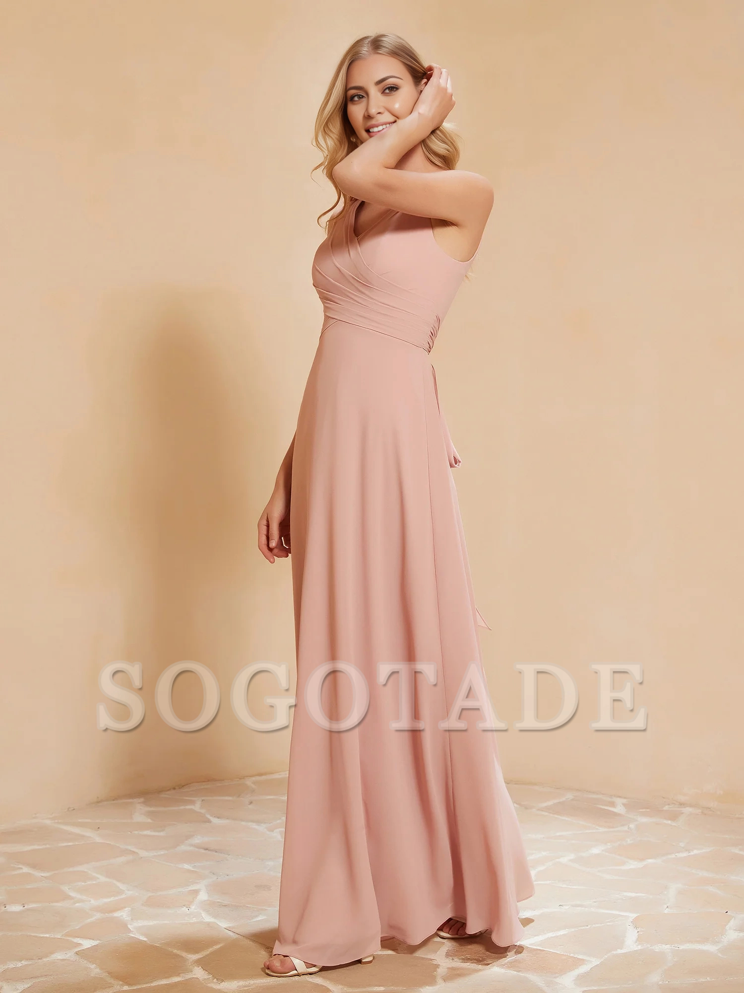 Bow pleated V-neck chiffon A-line dress