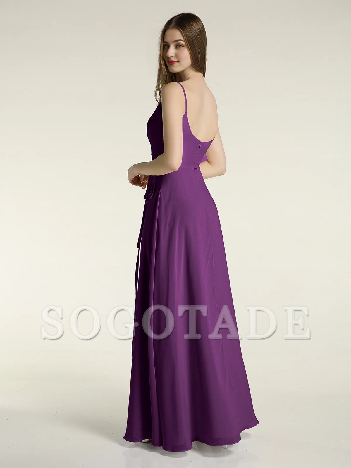 Simple slim shoulder strap slit chiffon dress