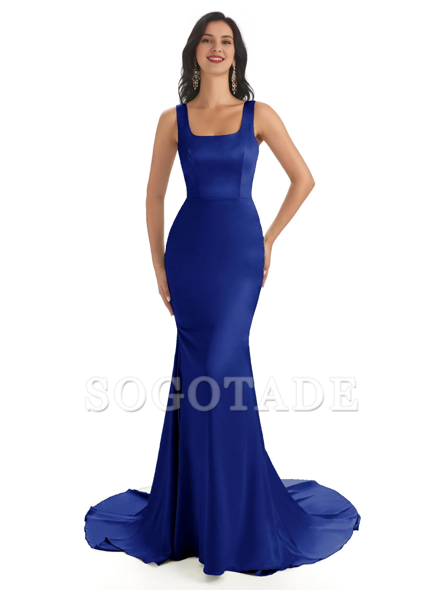 Soft satin unique square neck extra long fish tail bridesmaid dress