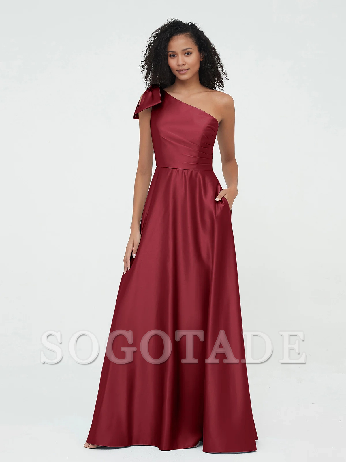 Pocket one shoulder long satin bridesmaid dress