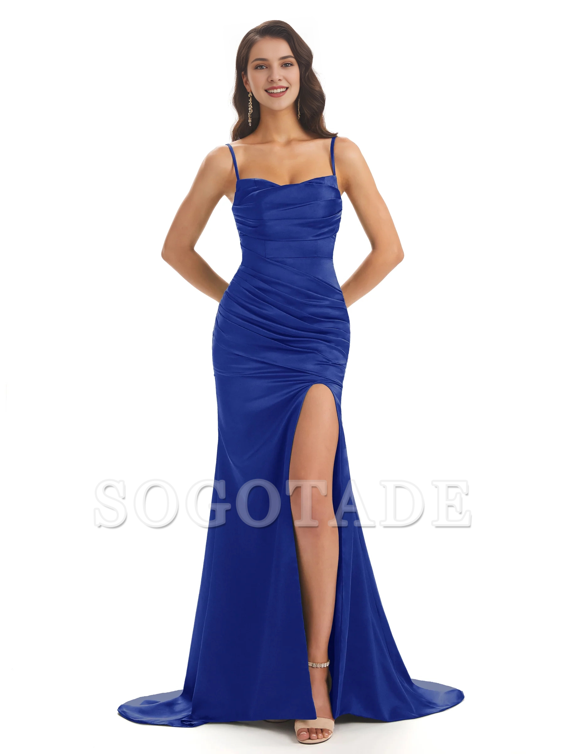 Sexy mermaid soft satin thin shoulder strap side slit bridesmaid dress