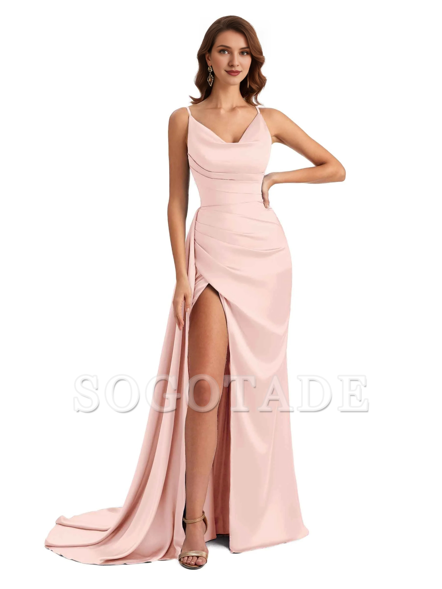Sexy fishtail side slit hanging neck V-neck soft satin ultra long bridesmaid dress