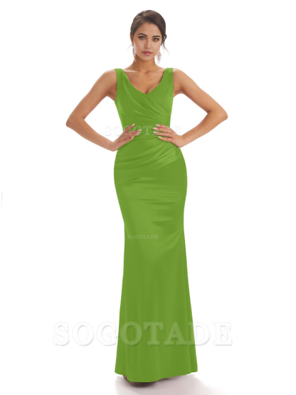 Sheath Sleeveless V-neck Floor-Length Satin formal dresses evening gown Bridesmaid Dresses With Pleats 