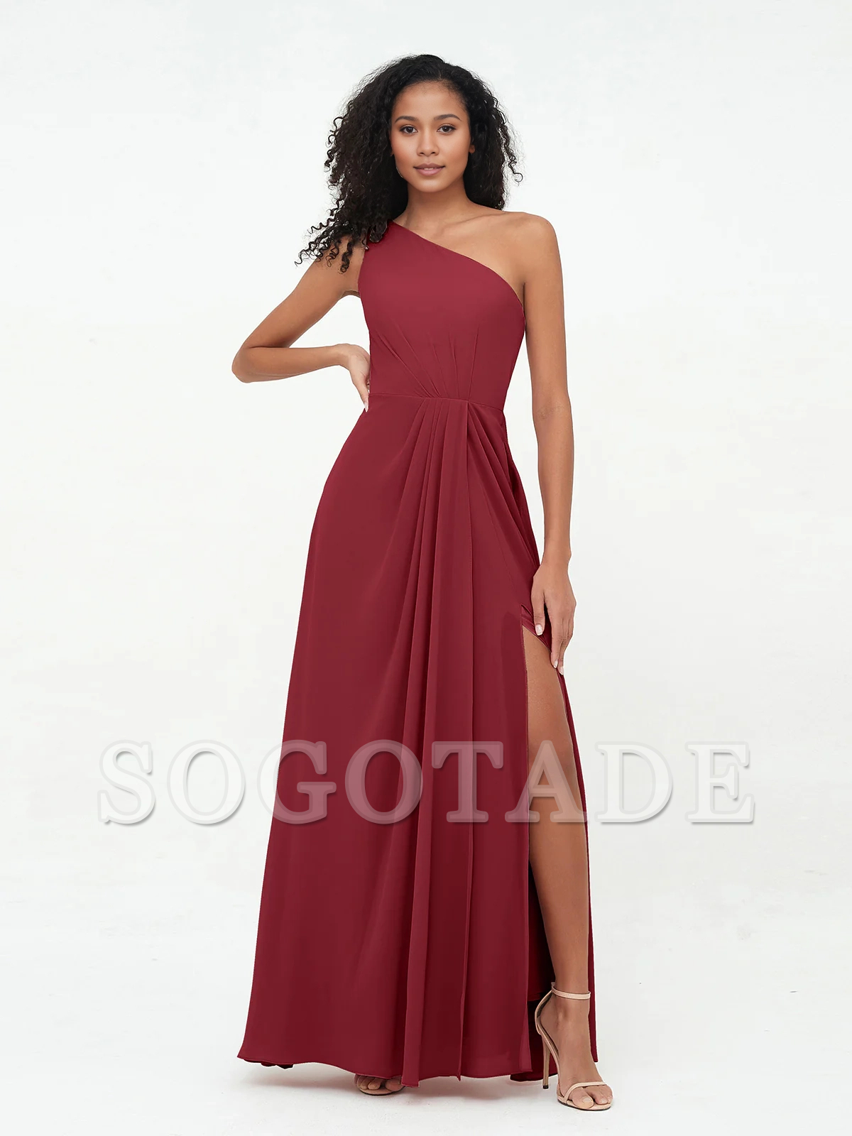 Split grey rose one shoulder chiffon bridesmaid dress