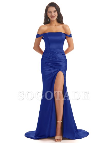 Sexy soft satin off shoulder side slit and floor length fishtail bridesmaid dress