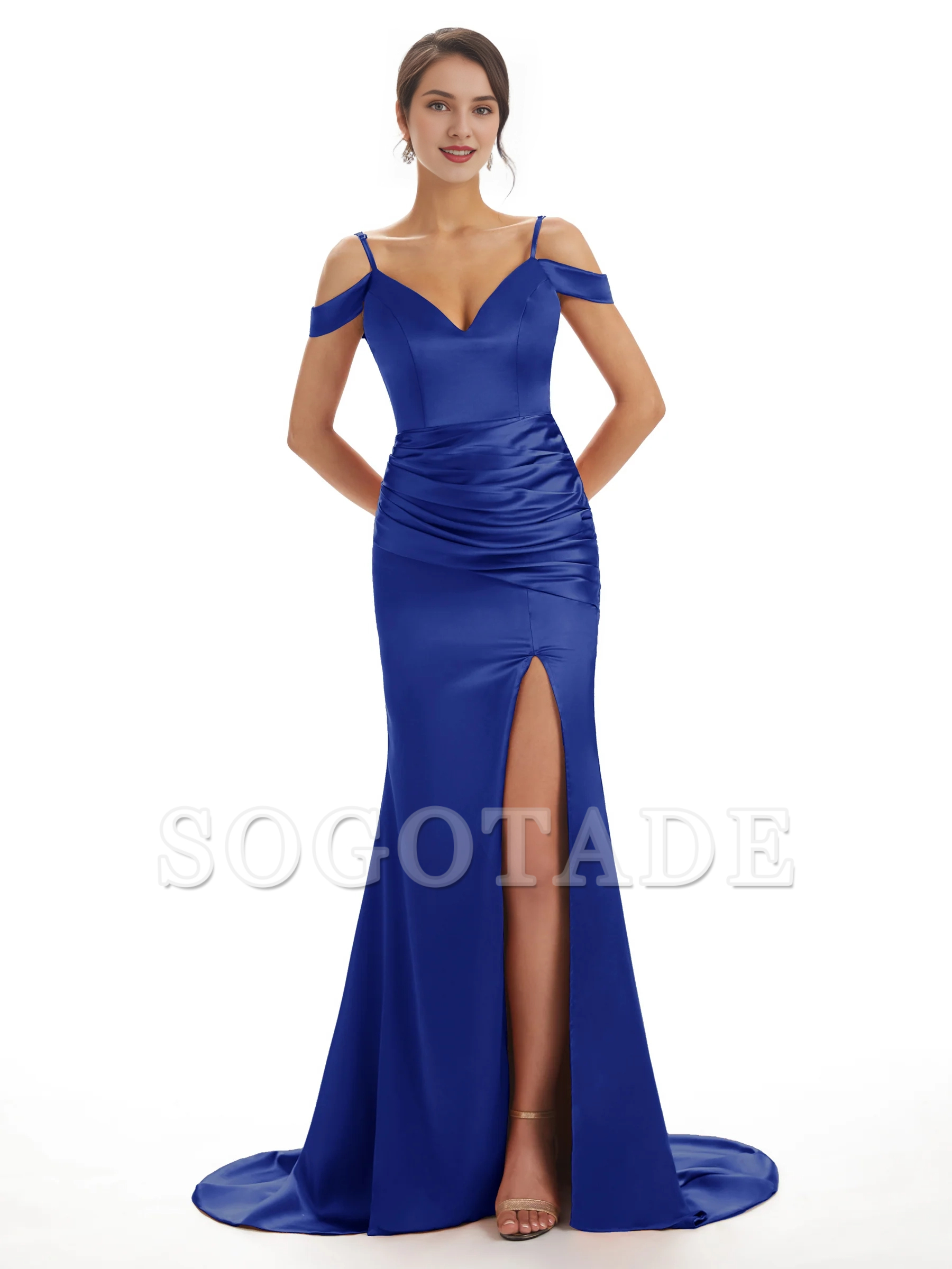 Sexy off shoulder soft satin side slit long fish tail bridesmaid dress