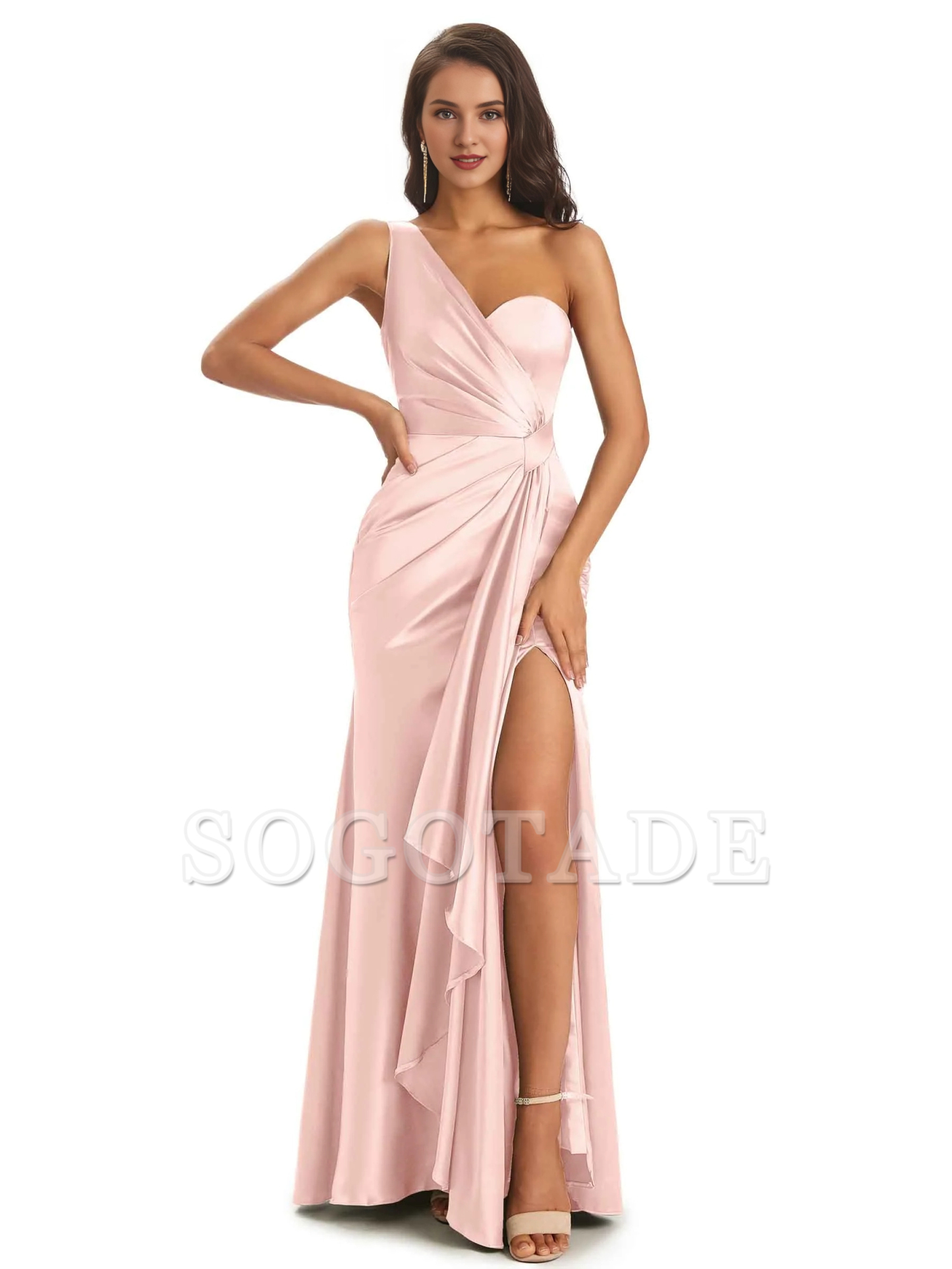Elegant and soft satin side slit one shoulder unique fish tail bridesmaid dress