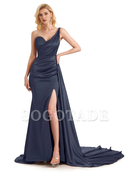 Sexy side slit shoulder long soft satin unique mermaid bridesmaid dress