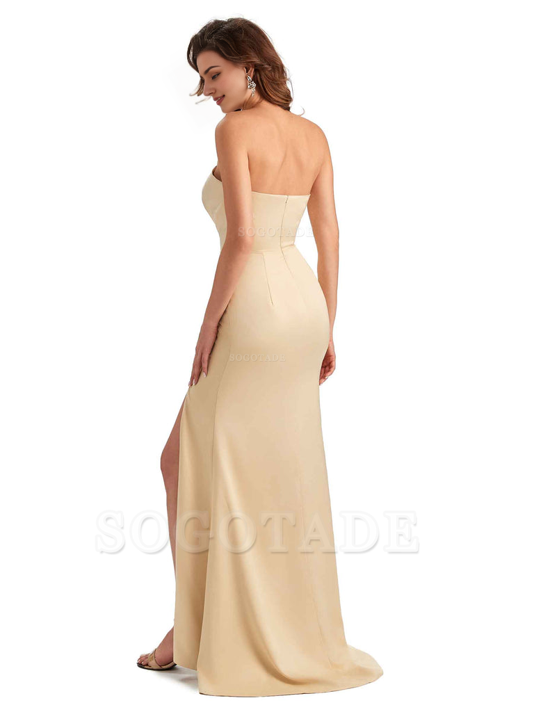 Unique Soft Satin Side Slit Asymmetrical Neckline Mermaid Long Bridesmaid Dresses