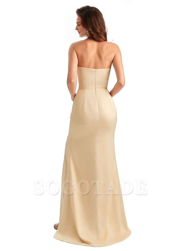 Unique Soft Satin Side Slit Asymmetrical Neckline Mermaid Long Bridesmaid Dresses