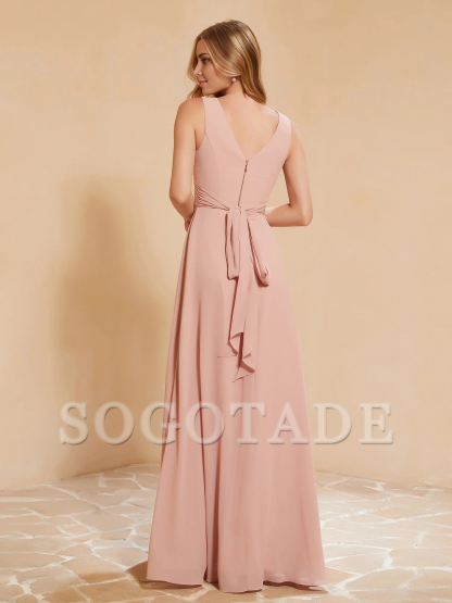 Bow pleated V-neck chiffon A-line dress