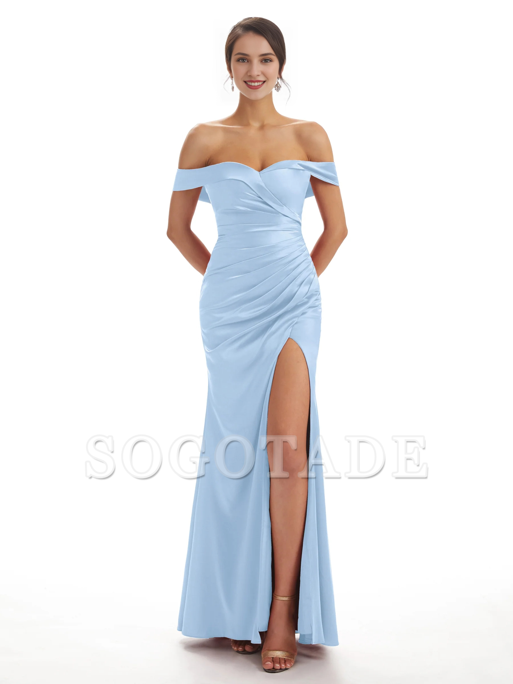 Sexy side slit shoulder fishtail soft satin bridesmaid dress