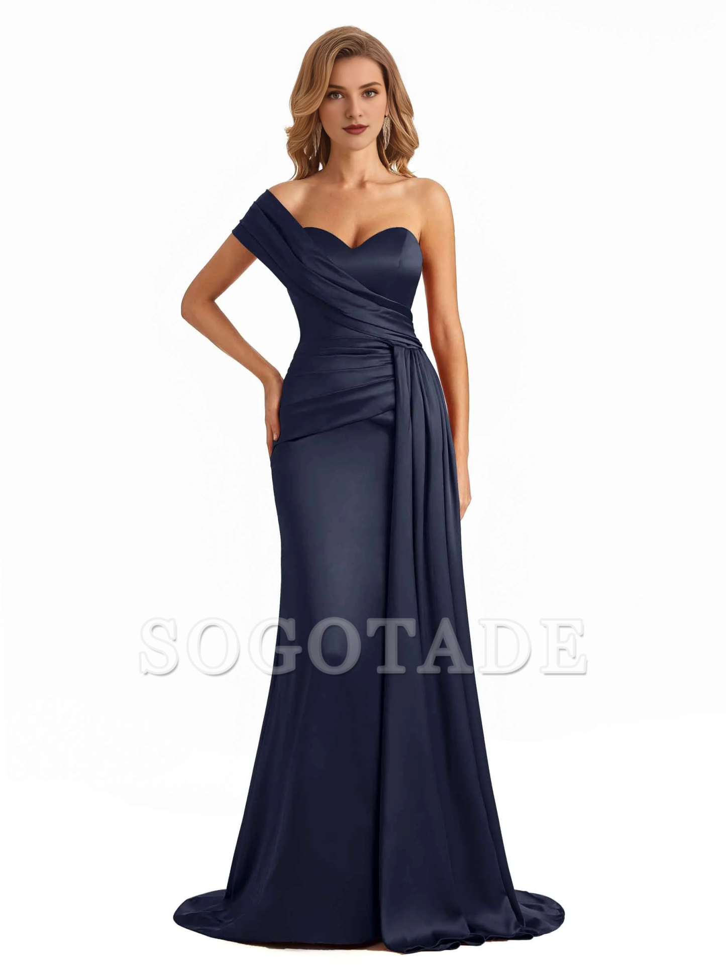 Elegant one shoulder soft satin long fish tail bridesmaid dress
