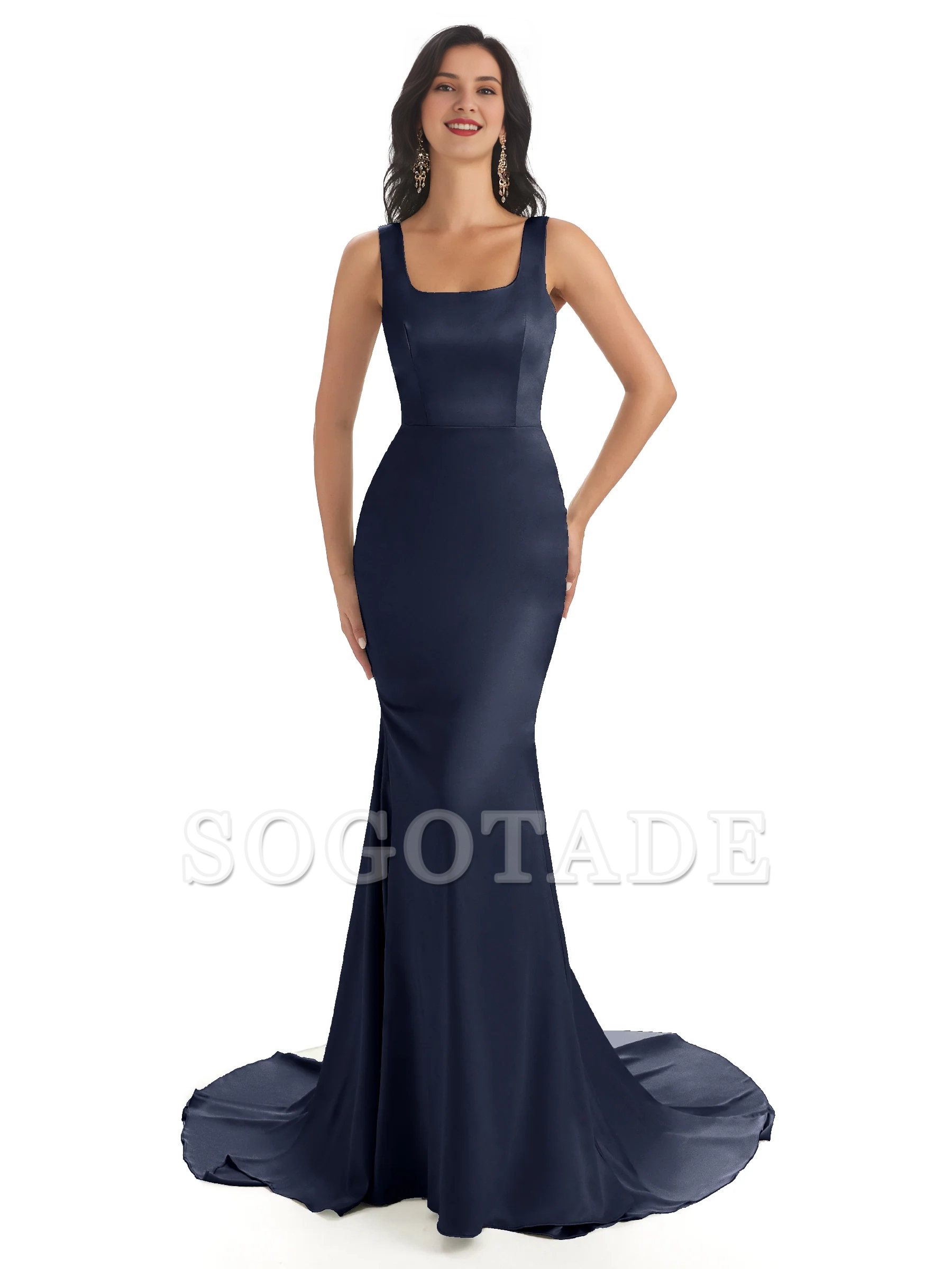 Soft satin unique square neck extra long fish tail bridesmaid dress