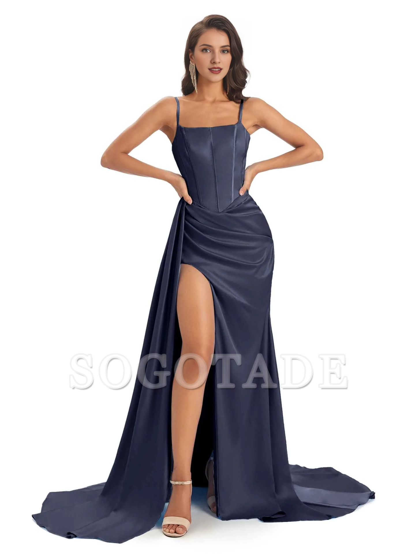Sexy and soft satin side slit thin shoulder strap long mermaid unique bridesmaid dress