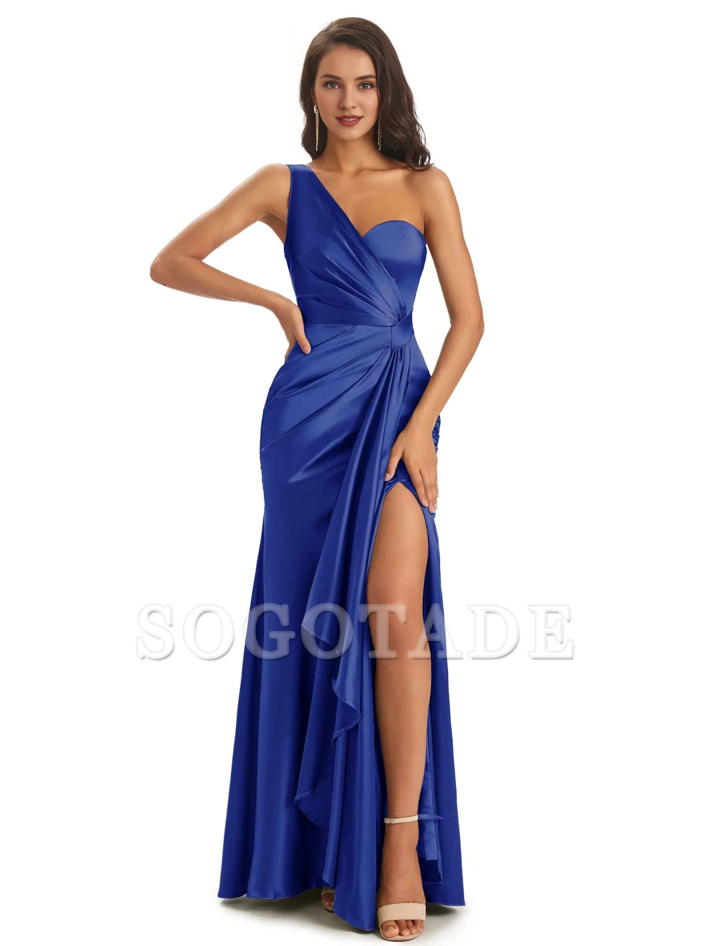 Elegant and soft satin side slit one shoulder unique fish tail bridesmaid dress