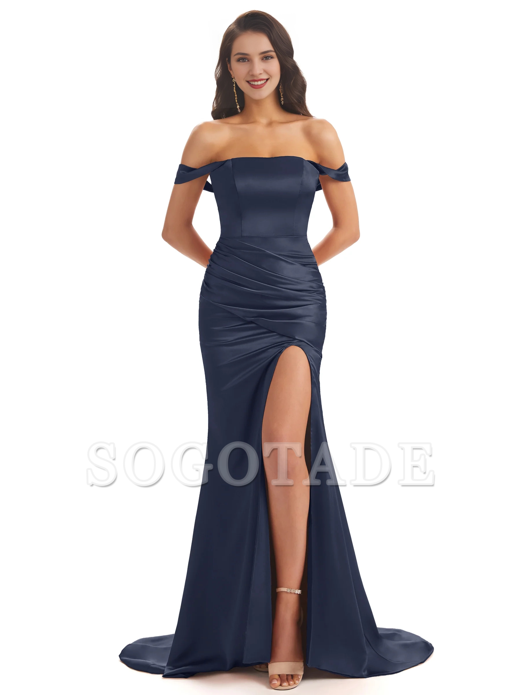 Sexy soft satin off shoulder side slit and floor length fishtail bridesmaid dress
