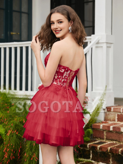 Transparent decal tight corset layered sheer short Homecoming dress