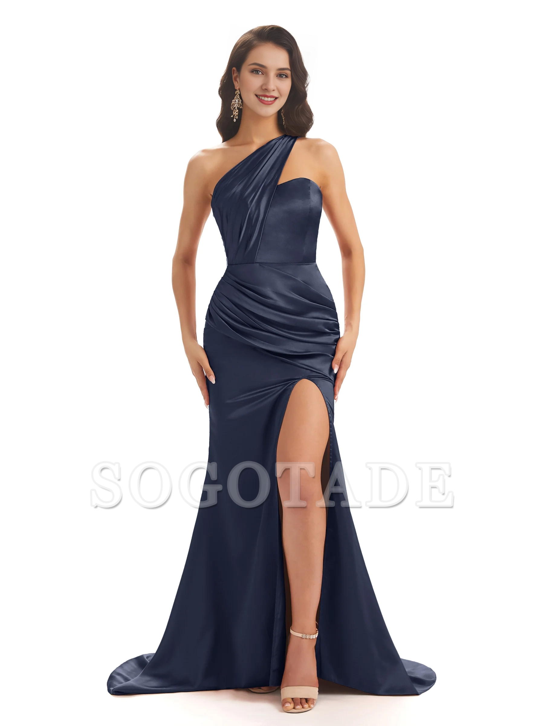 Sexy soft satin side slit one shoulder long fish tail bridesmaid dress