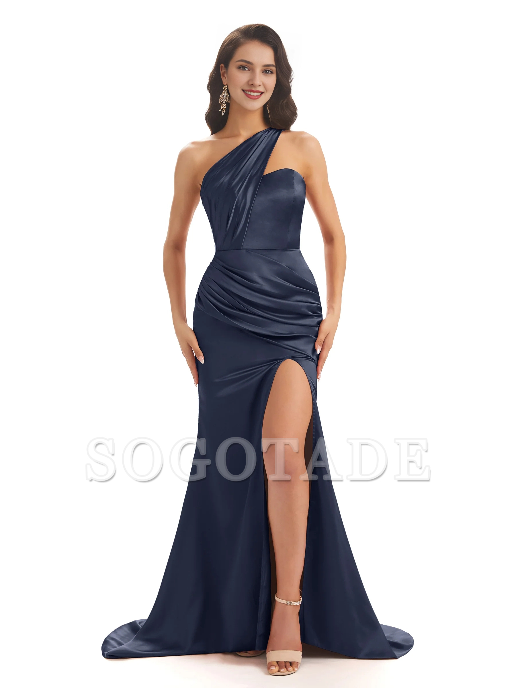 Sexy soft satin side slit one shoulder long fish tail bridesmaid dress