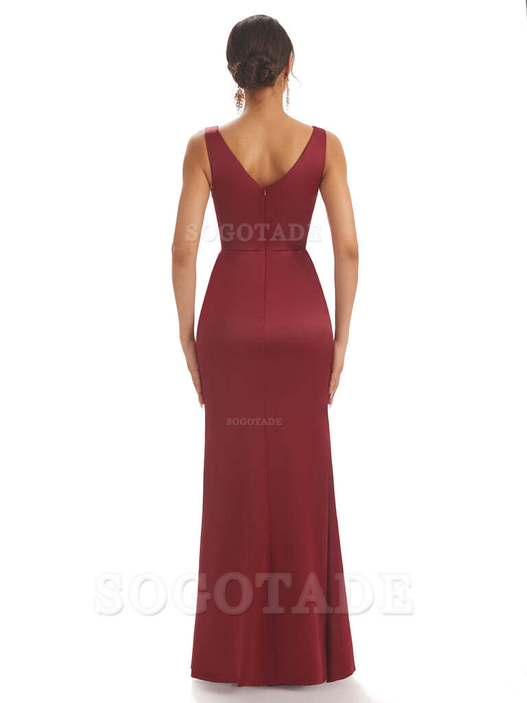 Sheath Sleeveless V-neck Floor-Length Satin formal dresses evening gown Bridesmaid Dresses With Pleats 