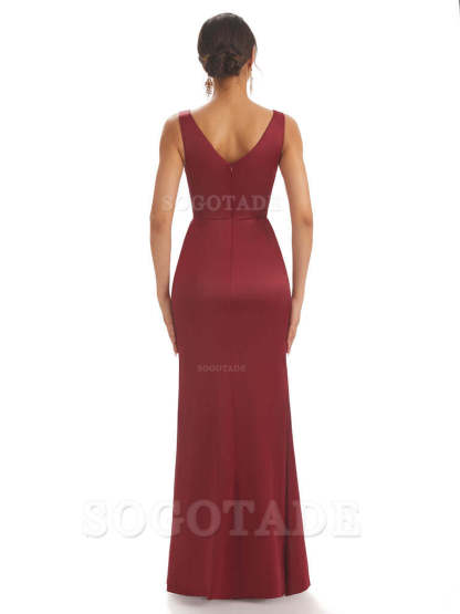 Sheath Sleeveless V-neck Floor-Length Satin formal dresses evening gown Bridesmaid Dresses With Pleats 