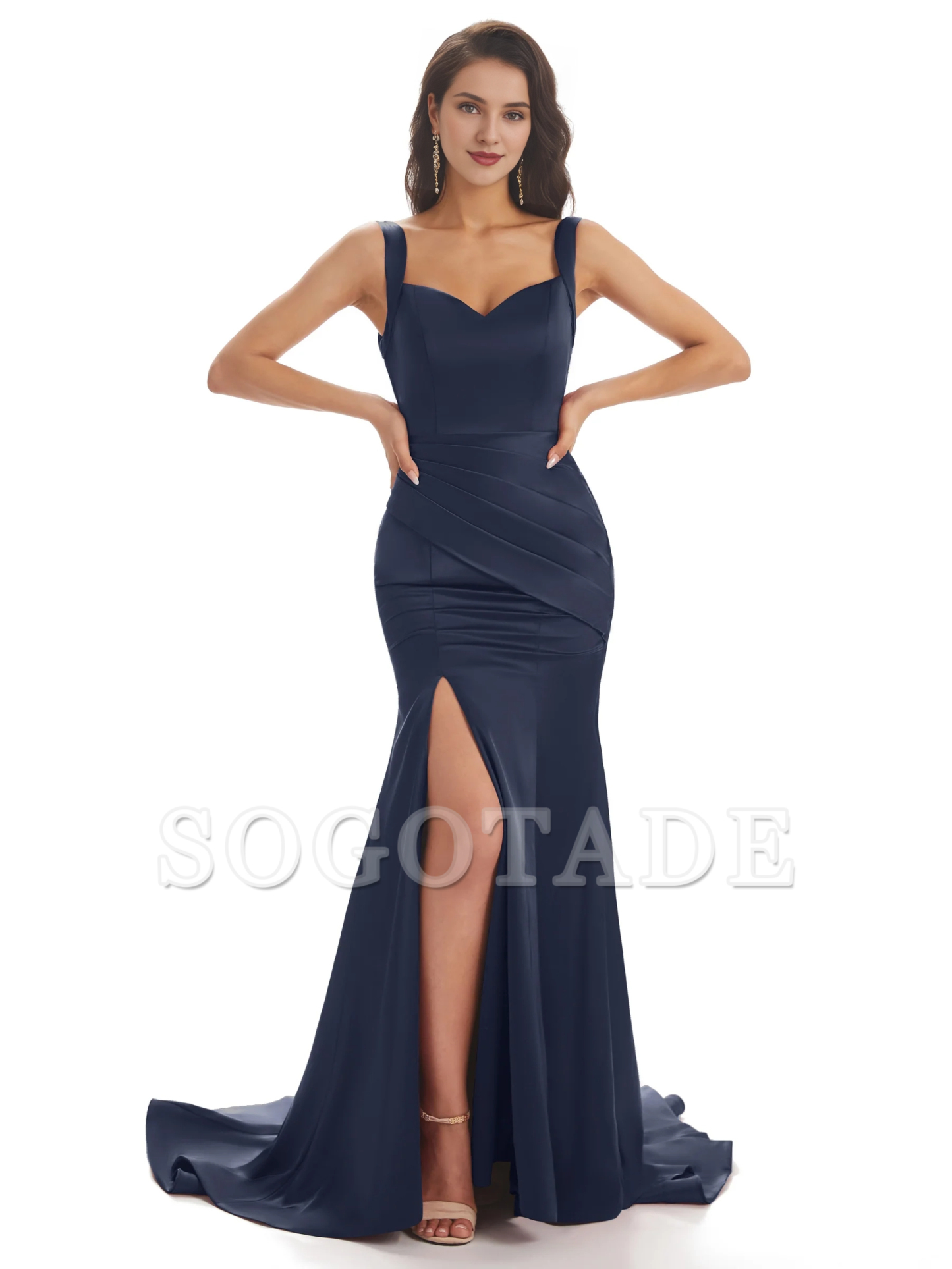 Sexy and soft satin side slit shoulder strap square and floor length fishtail bridesmaid dress