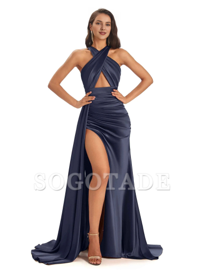Sexy and soft satin hanging neck side slit and floor length fish tail bridesmaid dress