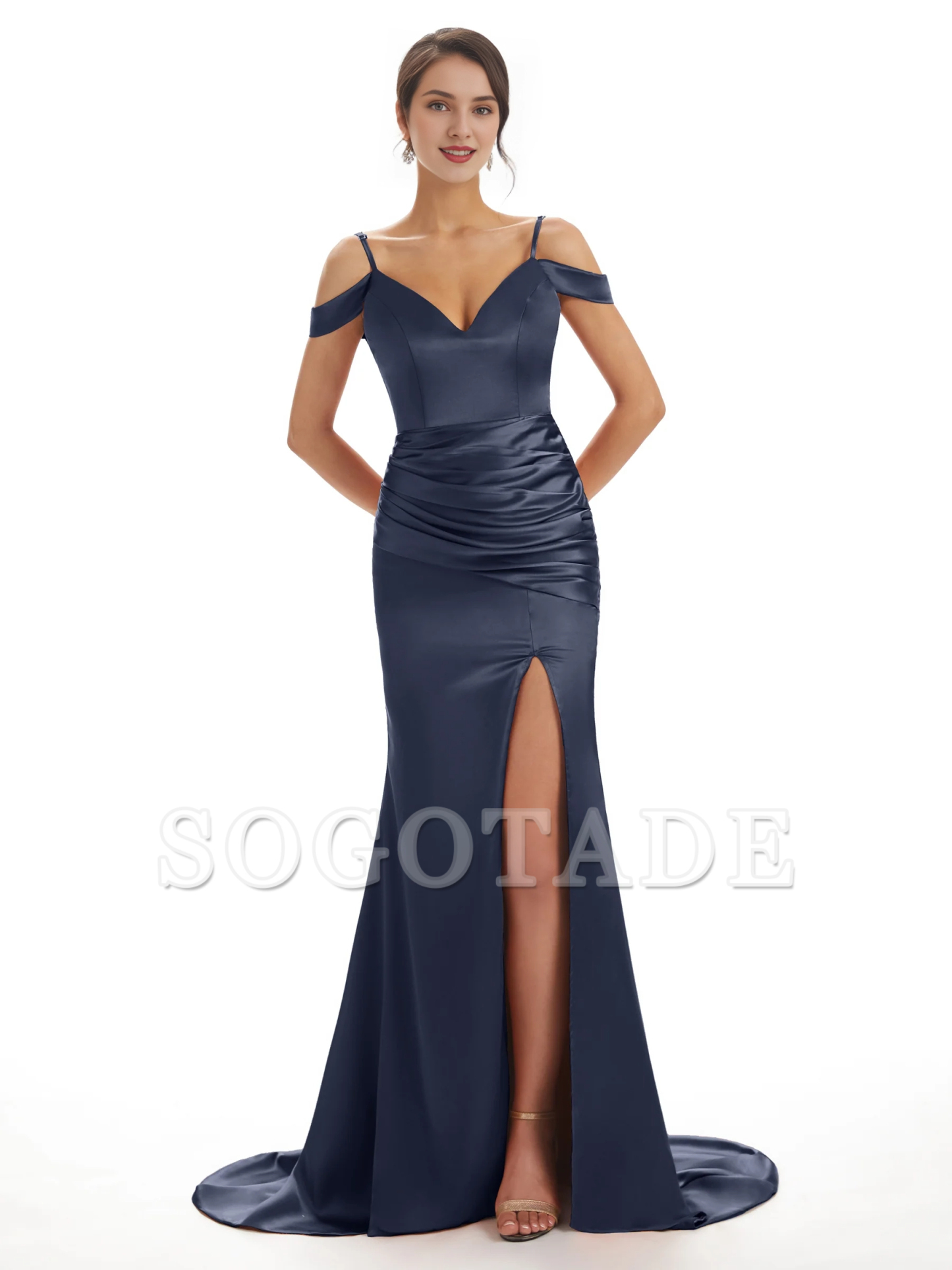 Sexy off shoulder soft satin side slit long fish tail bridesmaid dress