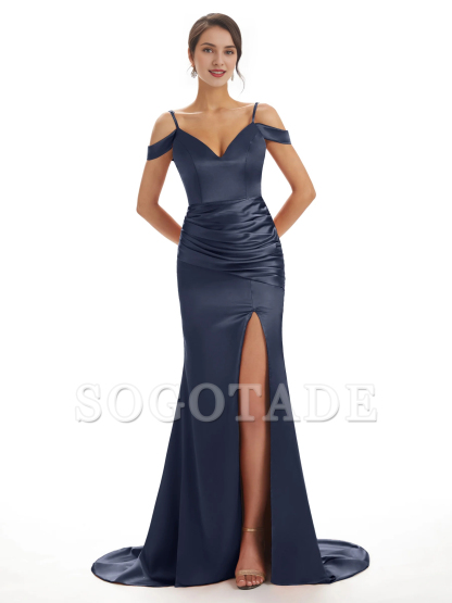 Sexy off shoulder soft satin side slit long fish tail bridesmaid dress