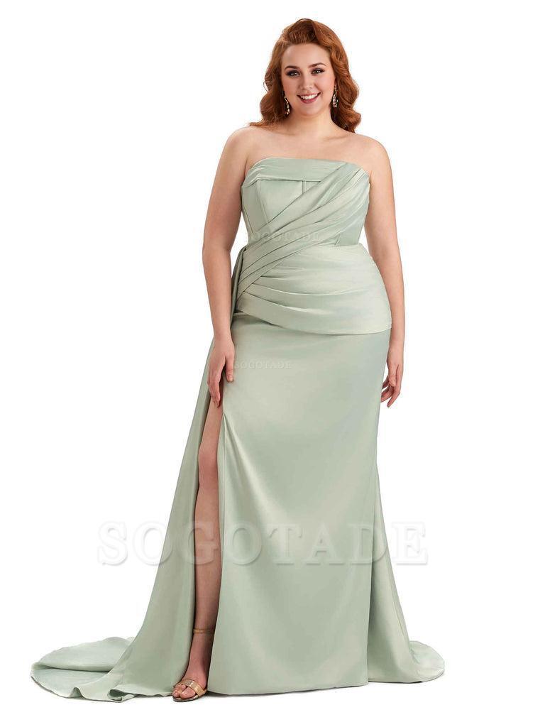 Sexy Side Slit Mermaid Soft Satin Formal Wedding Plus Size Bridesmaid Dresses