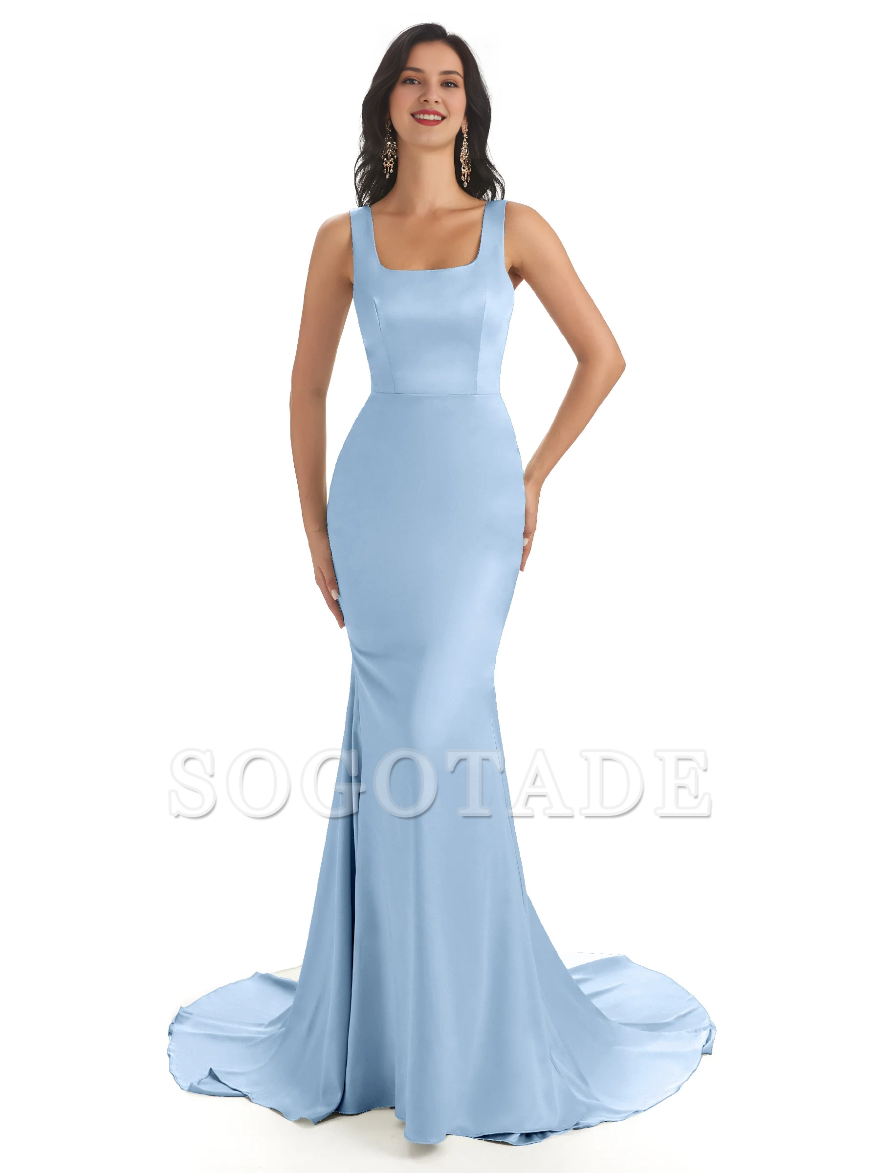 Soft satin unique square neck extra long fish tail bridesmaid dress