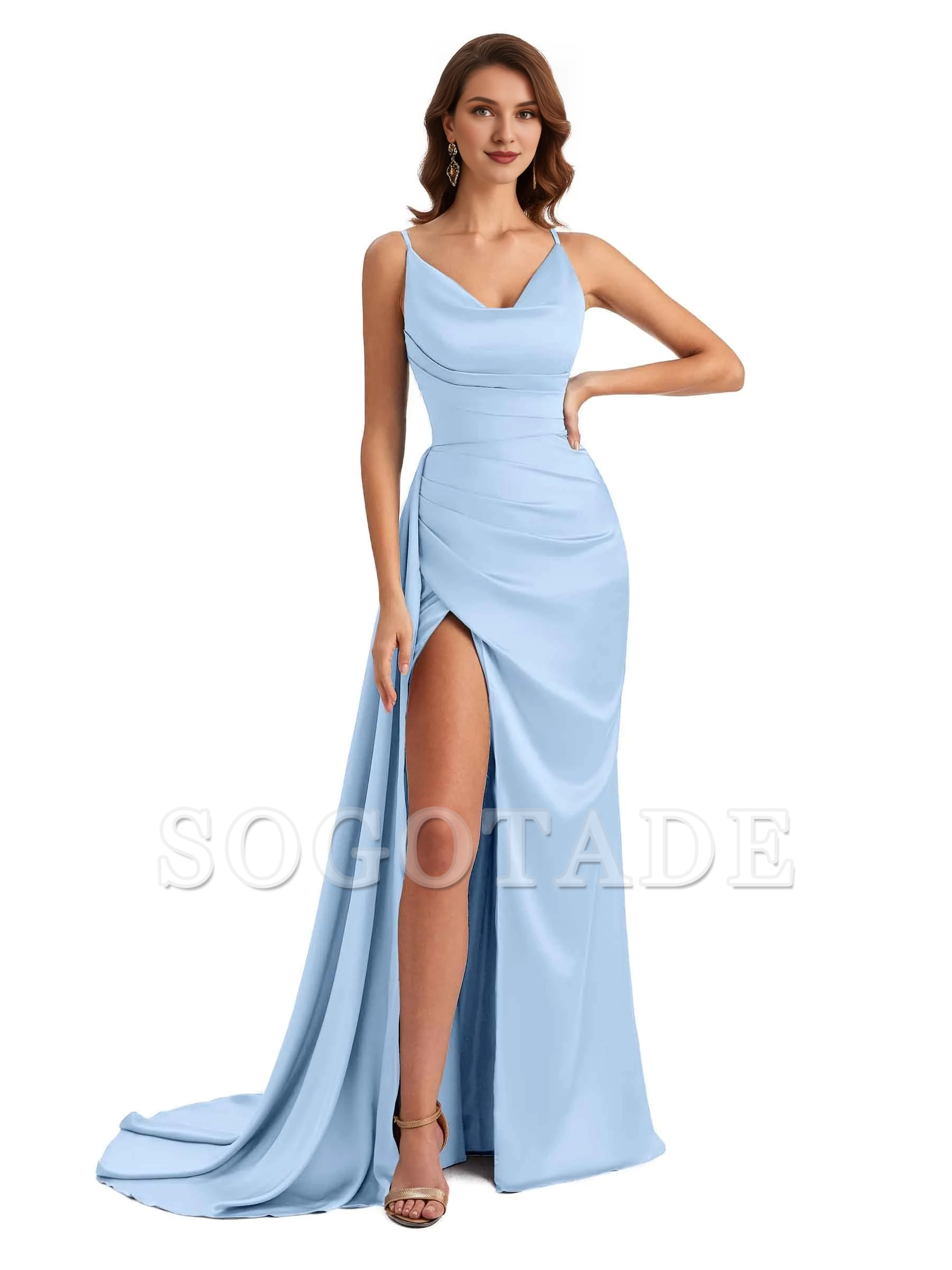 Sexy fishtail side slit hanging neck V-neck soft satin ultra long bridesmaid dress