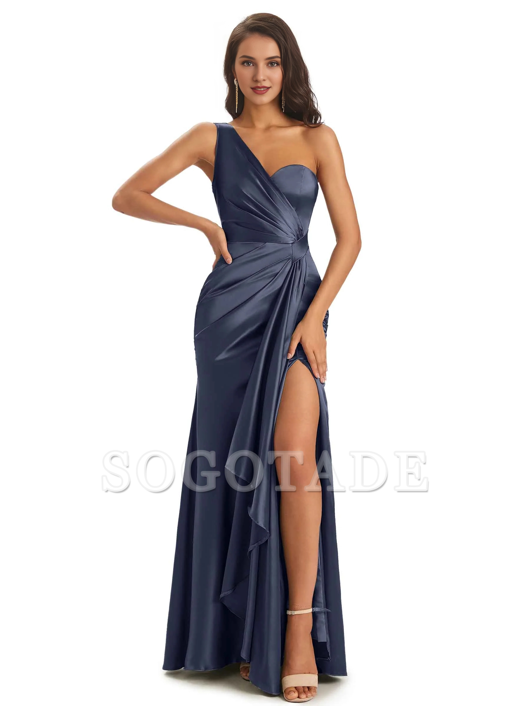 Elegant and soft satin side slit one shoulder unique fish tail bridesmaid dress