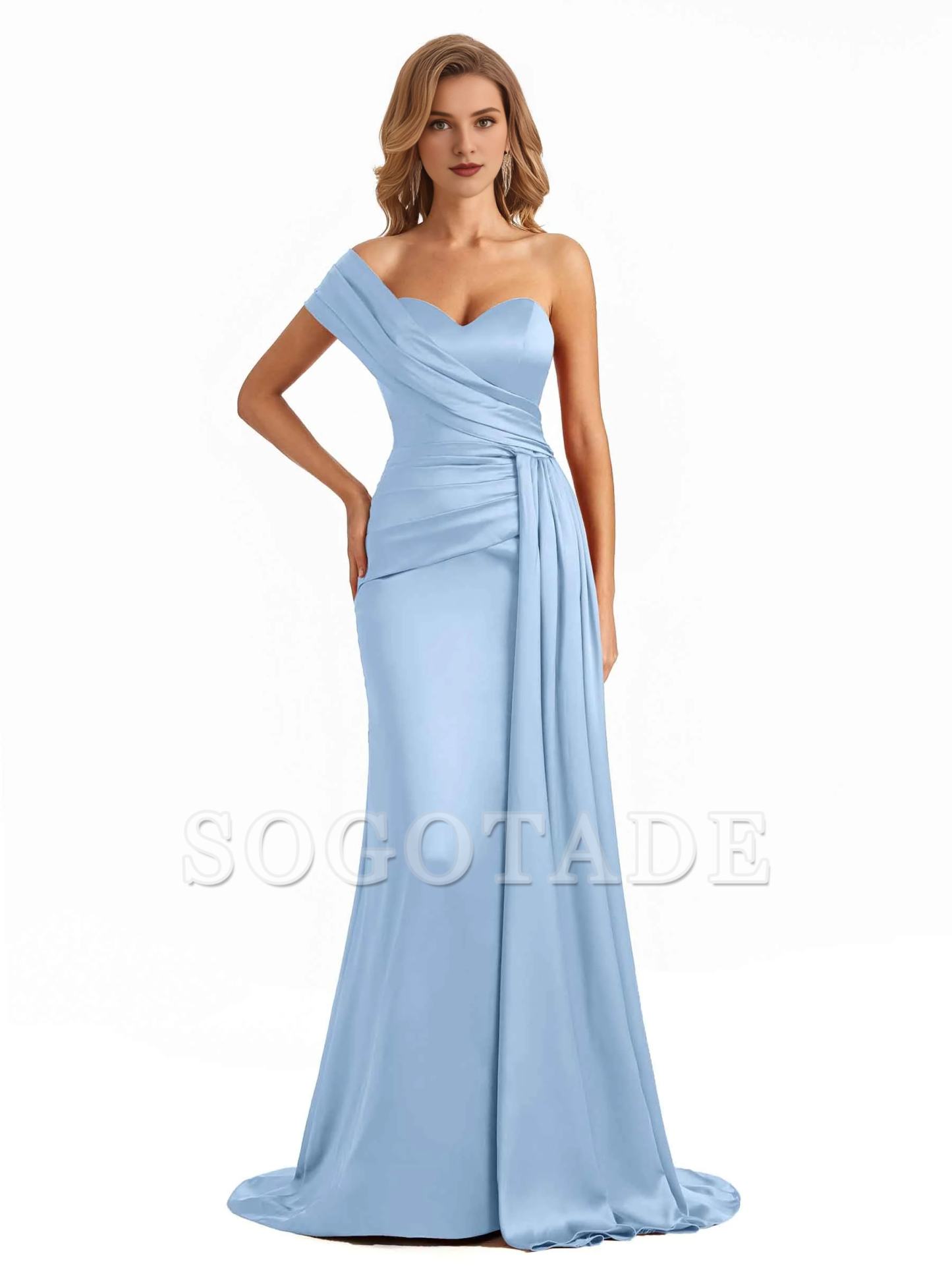 Elegant one shoulder soft satin long fish tail bridesmaid dress