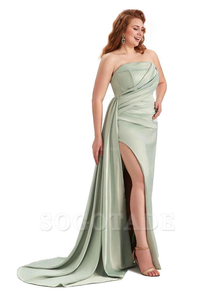 Sexy Side Slit Mermaid Soft Satin Formal Wedding Plus Size Bridesmaid Dresses