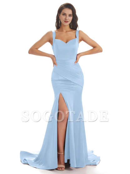 Sexy and soft satin side slit shoulder strap square and floor length fishtail bridesmaid dress