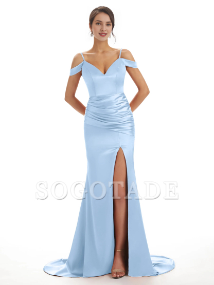 Sexy off shoulder soft satin side slit long fish tail bridesmaid dress