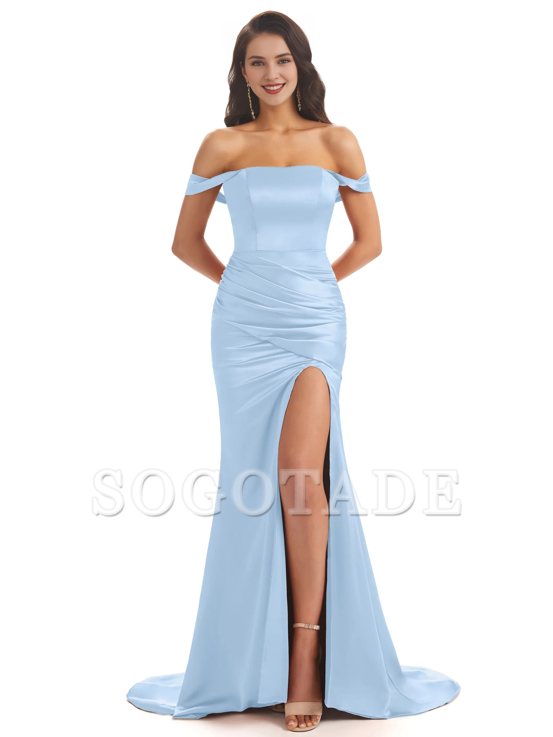 Sexy soft satin off shoulder side slit and floor length fishtail bridesmaid dress