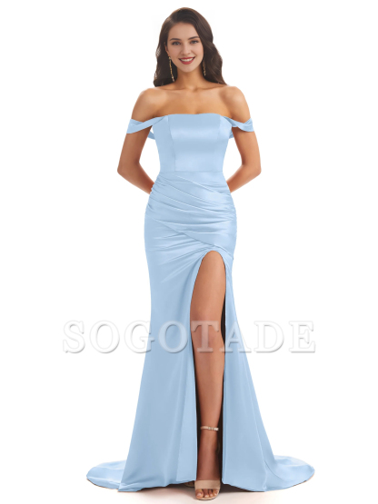 Sexy soft satin off shoulder side slit and floor length fishtail bridesmaid dress
