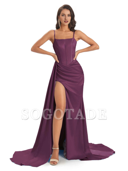 Sexy and soft satin side slit thin shoulder strap long mermaid unique bridesmaid dress