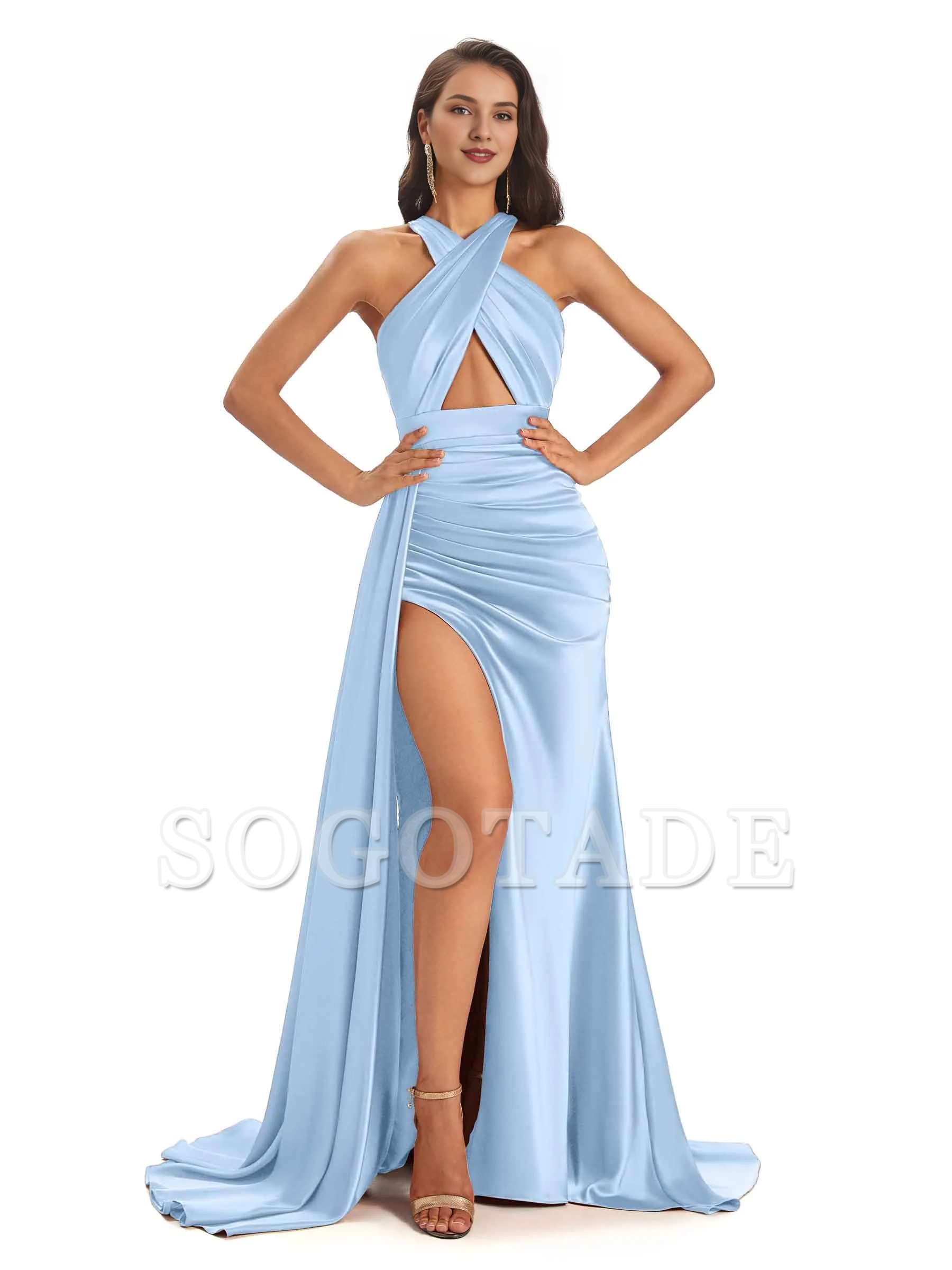 Sexy and soft satin hanging neck side slit and floor length fish tail bridesmaid dress