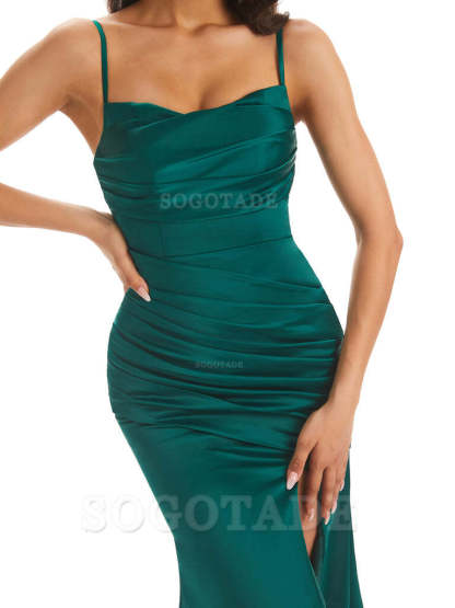 Mermaid Spaghetti Straps Satin Side Slit formal dresses evening gown Bridesmaid Dresses
