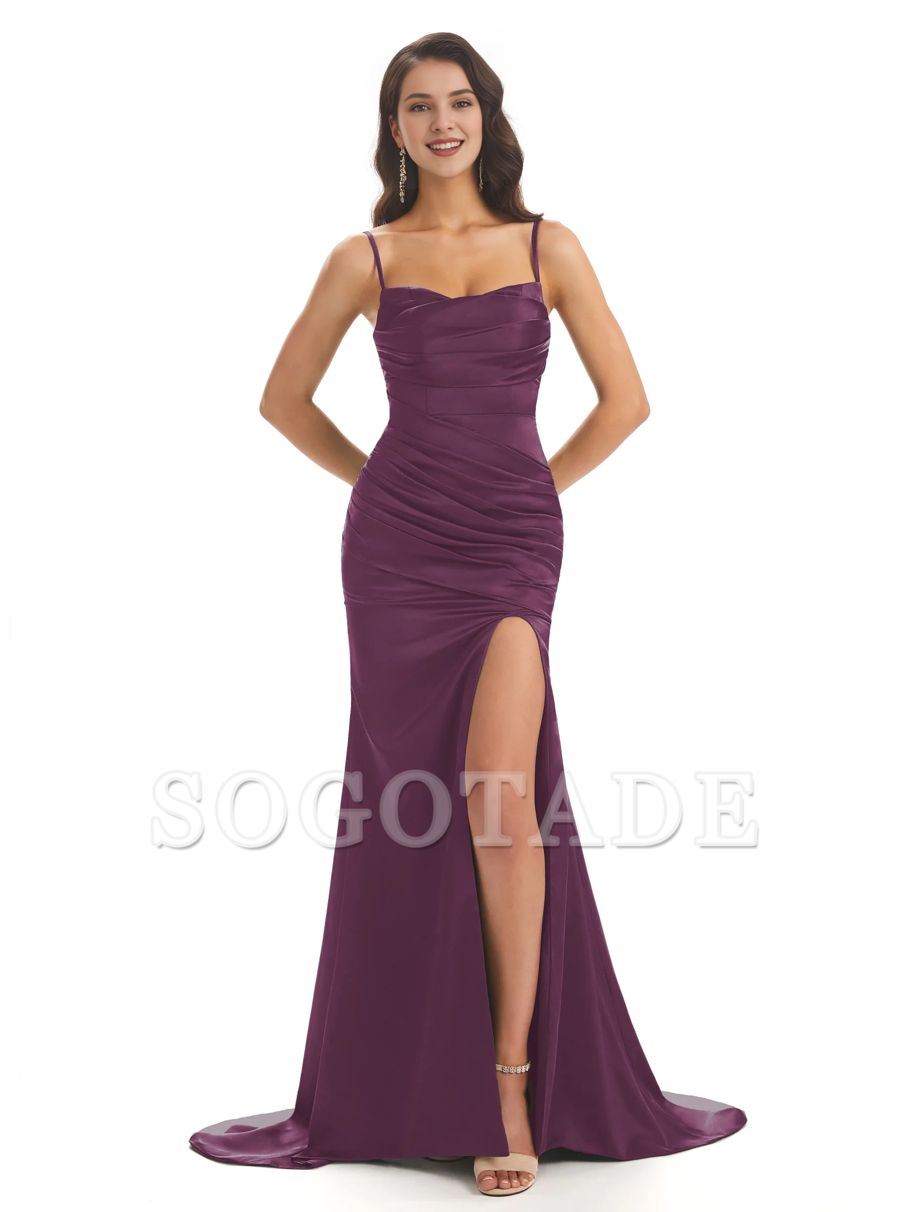 Sexy mermaid soft satin thin shoulder strap side slit bridesmaid dress