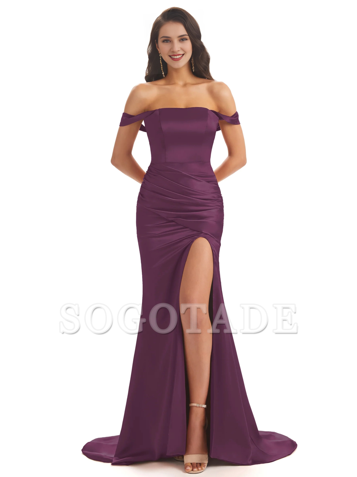 Sexy soft satin off shoulder side slit and floor length fishtail bridesmaid dress