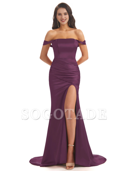 Sexy soft satin off shoulder side slit and floor length fishtail bridesmaid dress