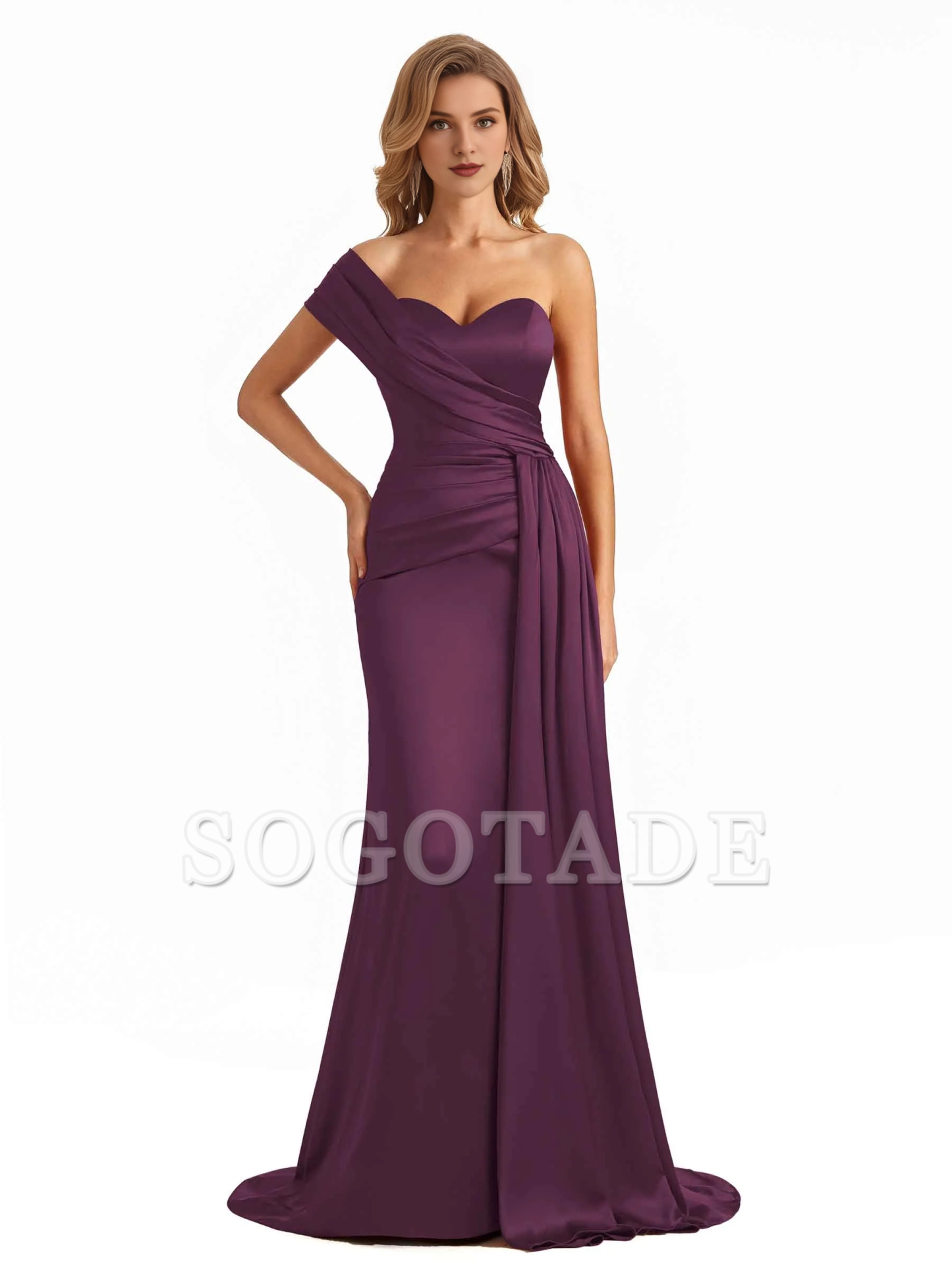 Elegant one shoulder soft satin long fish tail bridesmaid dress